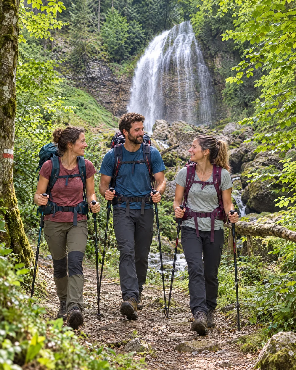 Des randonneurs avec leurs sacs à dos près d’une cascade
