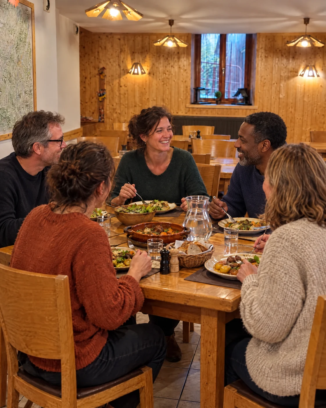 Un groupe d’amis partage un repas convivial à l’auberge